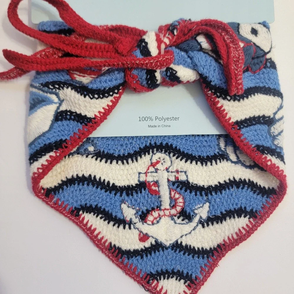 Piper K Nautical Crochet Hair Bandana and Flat Lay Claw Clips Set Blue Red White